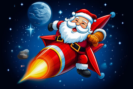 Santa Claus is flying on rocket with rocket ship in the background. Cartoon style.