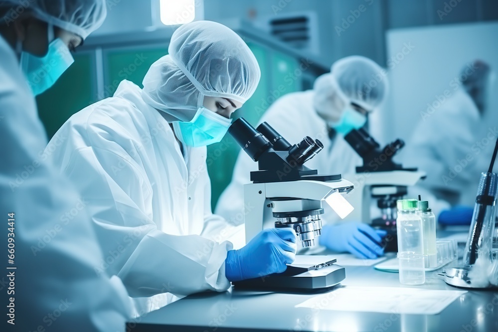 Poster A team of biochemists working with a microscope