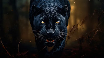 Fotobehang Black Panther in animal forest, black jaguar hunting, Panther hunting, jaguar panther wilderness nature close. © Ruslan Gilmanshin