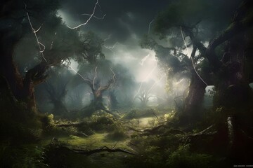 Enchanted forest during a mystical thunderstorm, swirling clouds, glowing runes on trees, an eerie and mystical ambiance, Illustration, digital art with dramatic lighting. Created with Generative AI	