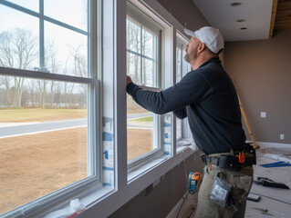 Construction worker installing sliding window in new house