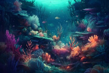 Vibrant underwater coral reef teeming with colorful fish and marine life, crystal-clear waters, capturing the beauty and biodiversity of the ocean. Created with Generative AI - obrazy, fototapety, plakaty