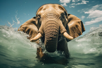 Elephant in the water. Closeup.