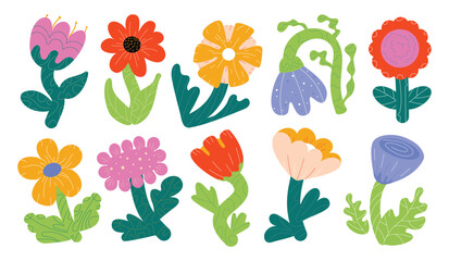 Bold colorful primitive flowers. Naive figures, design elements.