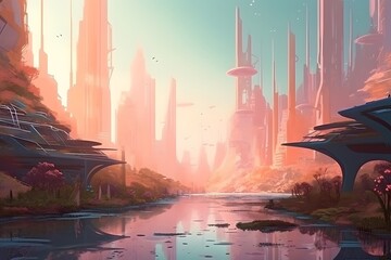 Peaceful futuristic cityscape at sunrise, futuristic gardens and sustainable architecture, tranquil ambiance, and a sense of harmony with nature, Illustration. Created with Generative AI	