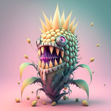 funny corn monster plants vs zombies valentine Cyberpunk pychedelic Futuristic pastel colors background negative space hyper detailed intricate octane render 8k HDR 