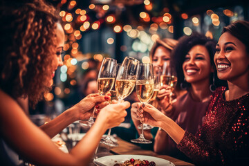 toasting champagne glasses, friends and family in Christmas celebration, end of the year, new year - obrazy, fototapety, plakaty