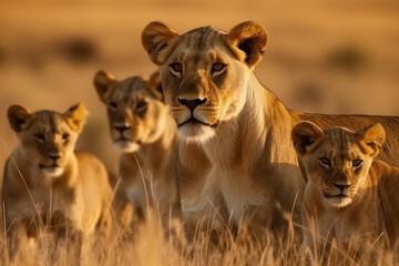 Obraz premium Witness the beauty of motherhood as a lioness gracefully navigates the vast savannah landscape with her adorable little cubs. Ai generated