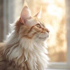 Portrait of a cream Maine Coon cat sitting in a light room beside a window. Closeup face of a beautiful Maine Coon cat at home. Portrait of a grown Maine Coon cat with creamy fur looking out a window.