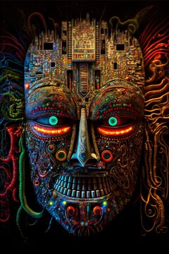 a leering mayan mask composed of mosfet macro photos and circuitry along with abstract glyphs of Mandelbrot set interior in the style of Gustav Klimt and Alex grey tthat depict a leering skeletal 