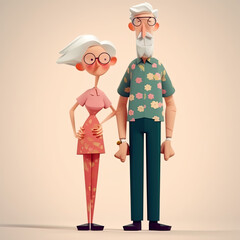 old couple, cartoon render funny