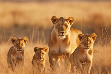 Witness the beauty of motherhood as a lioness gracefully navigates the vast savannah landscape with her adorable little cubs. Ai generated