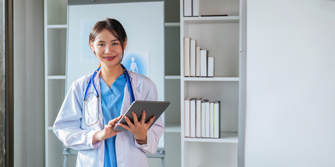 Medical concept of asian beautiful female doctor in white coat with stethoscope, waist up. medical