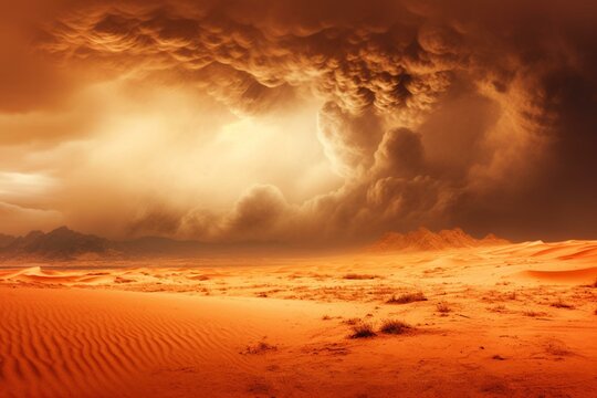 Intense sandstorm in desert, digital artwork. Generative AI