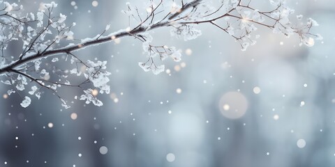 Winter christmas background with snow-covered plants during a snowfall. hoarfrost on plants...