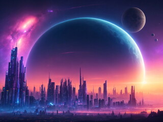 Fototapeta na wymiar Futuristic city in night lights with galaxy planets in sky, fantasy realistic background. Sunset in futuristic megapolis with space moon on the horizon