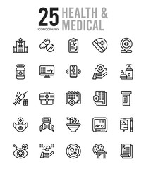 25 Health And Medical Outline icons Pack vector illustration.