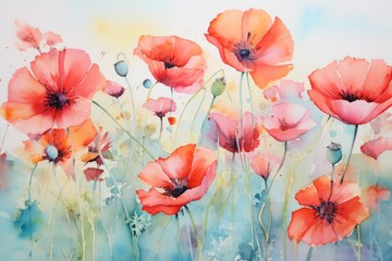 Watercolor painting of poppies on textured canvas. floral banner.