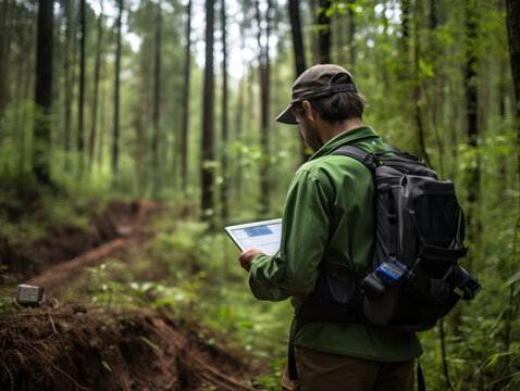Forestry technician writing notes in forest to study renewable energy technology and sustainability