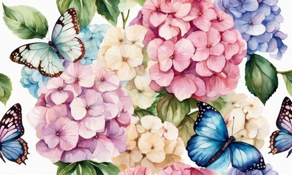 Watercolor painting with hydrangea flowers bouquets, butterflies. Seamless pattern, luxury wallpaper, beautiful art. 3d illustration, pastel colors, pink, purple, turquoise, beige. Generative AI