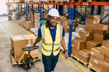 african black warehouse worker using parcel pallet moving cargo for logistics shipping supply...