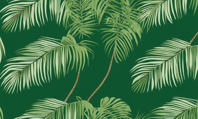Fototapeta na wymiar Tropical exotic seamless pattern with bright palm leaves on green background. Hand-drawn vintage illustration and texture. for production wallpapers, gift paper, cloth, fabric printing, Generative AI