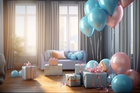 18th birthday celebration with balloons and presents. 3D render. Generative AI