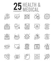25 Health and Medical Outline icons Pack vector illustration.