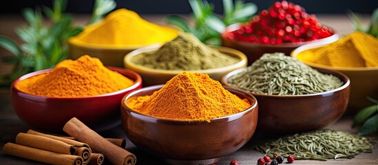 Spices for curry masala Ingredients for Indian spice mix with powder Focused selection With copyspace for text - obrazy, fototapety, plakaty