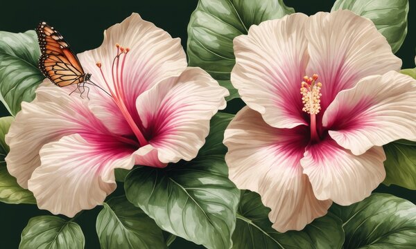 Hibiscus floral background, seamless pattern, luxury wallpaper. Tropical green leaves, delicate romantic flowers, pink, beige, purple, white gypsophila. Watercolor 3d illustration, Generative AI