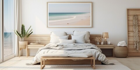 Mockup frame in bedroom interior background, Coastal boho style : Generative AI