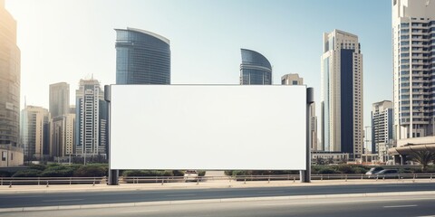 Obraz premium Mock up of blank vertical white advertising billboard with residential and office modern contemporary skyscrapers and empty highway behind : Generative AI