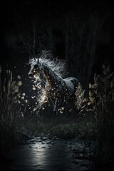 Naklejka premium the horse running in a night swamp High quality photo extreme close up of swamp fairy lights flowers in dark swamp landscape 