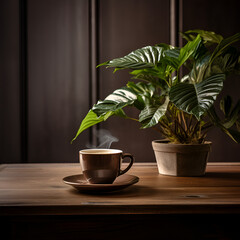 a cup of coffee sitting on top of a wooden table next to a couch and a potted plant on top of a wooden table, Generative AI