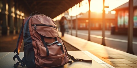 Map in Backpack ,Mobile phone with earphone and hat at the train station with a traveler.sun set, Travel concept. : Generative AI - obrazy, fototapety, plakaty