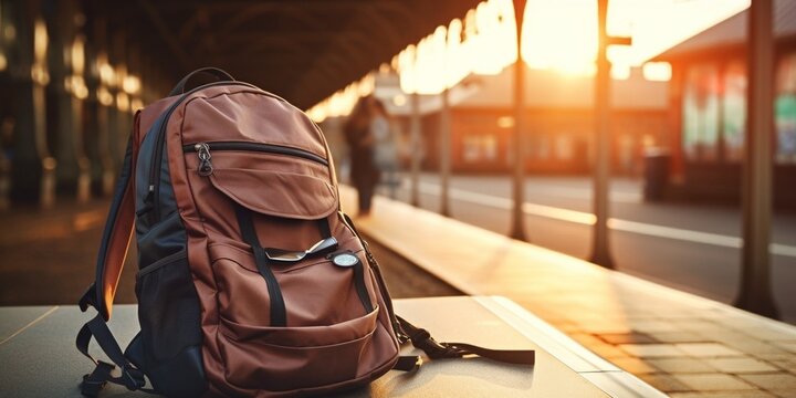 Map in Backpack ,Mobile phone with earphone and hat at the train station with a traveler.sun set, Travel concept. : Generative AI