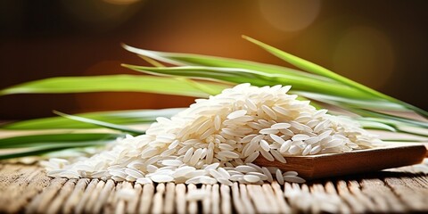 White rice and paddy rice with rice plant background. : Generative AI