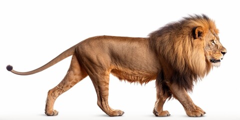 Side view of a Lion walking, looking at the camera, 10 years old, isolated on white : Generative AI