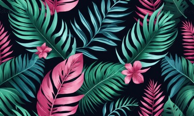Tropical leaves in green, blue, pink bright color. Seamless border, luxury wallpaper, mural. Floral pattern on dark background. Hand-drawn 3d illustration. Modern stylish design beautiful,GenerativeAI