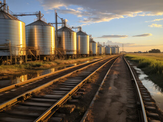 Fototapeta na wymiar Railroad tracks next to grain silos and corn fields