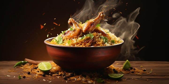 flying Chicken biryani Spicy Indian Hyderabadi biryani : Generative AI