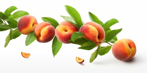 Levitating peach isolated. Composition of peaches, peach halves and slices with green leaves on a white background. : Generative AI