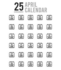 25 April Calendar Outline icons Pack vector illustration.