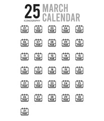 25 March Calendar Outline icons Pack vector illustration.