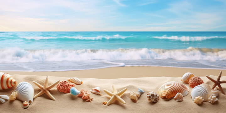 Tropical sea beach with seashells and starfish on sand seaside mockup background. Summer Hawaii beach for holiday vacation background