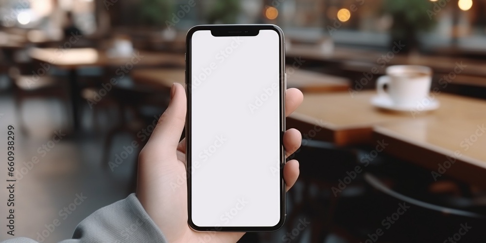 Aufkleber Close-up image of a woman in jeans relaxes sitting in the cafe and using her smartphone. smartphone white screen mockup for display your graphic banner. : Generative AI