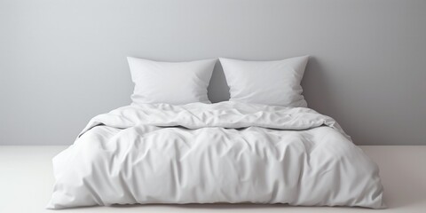 Fototapeta na wymiar Empty set of bedding items mockup. Bed linen front view. White bed with clipping path. Pillows, duvet and bed sheet against grey wall, empty room. : Generative AI