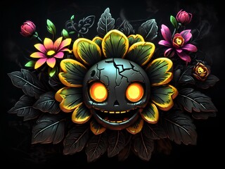 3d emoji scary flowers with black background 