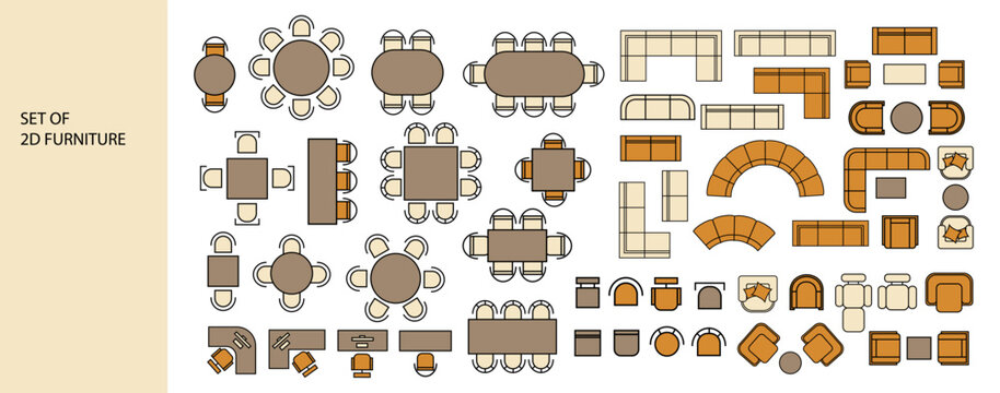 Furniture for the floor plan. Top view tables, beds, chairs, sofas, wardrobes, etc. Perfect for interior mood boards and planning sketches. Architectural.