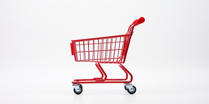 Shopping Cart Side View Trolley Red Colour On White Background | E-commerce Supermarket Trolley Side View : Generative AI